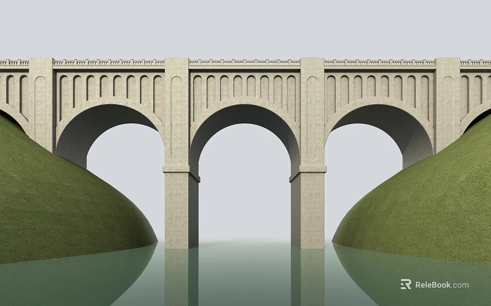 Stone Arch Bridge With Three Arched Design And Green Hills Reflected in Calm Water 3d model 