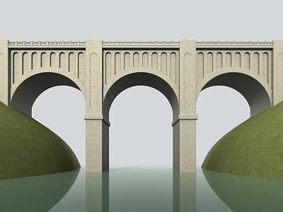 Stone Arch Bridge With Three Arched Design And Green Hills Reflected in Calm Water 3d model