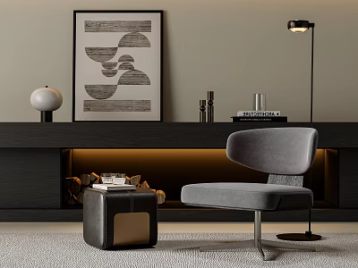 Modern Grey Accent Chair with Leather Ottoman and Decorative Artwork in Living Room 3d model