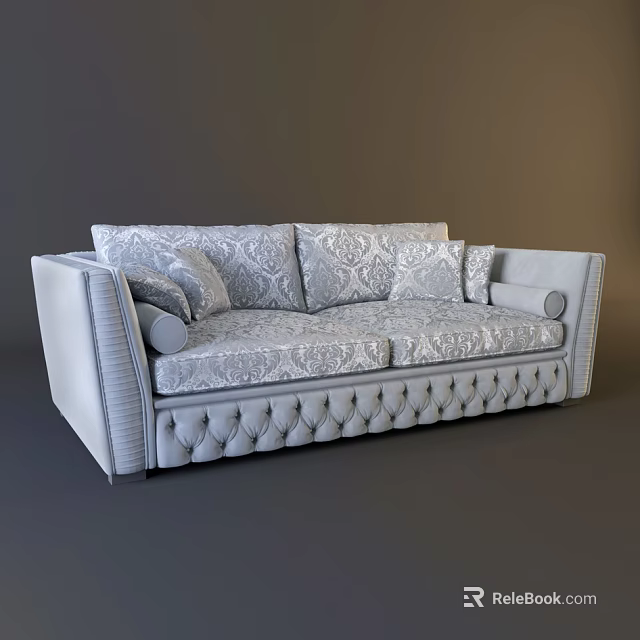 Elegant Gray Double Sofa With Patterned Cushions And Tufted Armrests Design 3d model