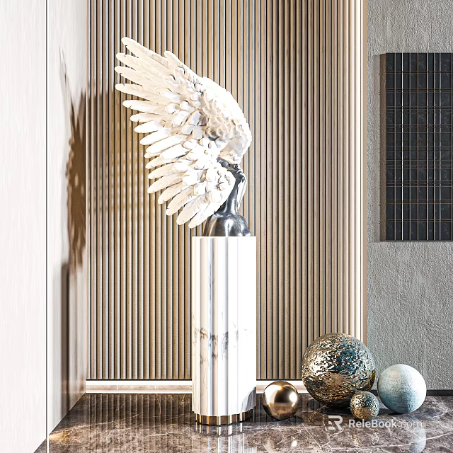Winged Sculpture With Feathered Details On Marble Pedestal And Decorative Spheres In Striped Wall Setting 3d model 