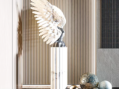 Winged Sculpture With Feathered Details On Marble Pedestal And Decorative Spheres In Striped Wall Setting 3d model