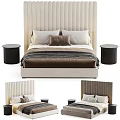 Modern Double Bed With Striped Headboard Plush Pillows And Round Side Tables 3d model