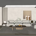 Modern Living Room With Beige Sofa Wooden Coffee Table Floor Lamp Lattice Wall Art And Vases