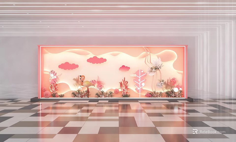 Elegant Modern Window Display Design With Pink Clouds Flowers And Plants 3d model