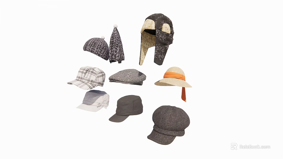 Stylish Hats Assortment Including Knitted Beanies Beret Baseball Caps And Wide Brimmed Designs 3d model 