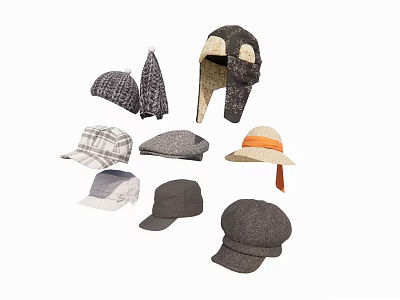Stylish Hats Assortment Including Knitted Beanies Beret Baseball Caps And Wide Brimmed Designs 3d model