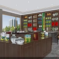 Traditional Tea Store Interior With Wooden Display Shelves Green Signage And Various Tea Products