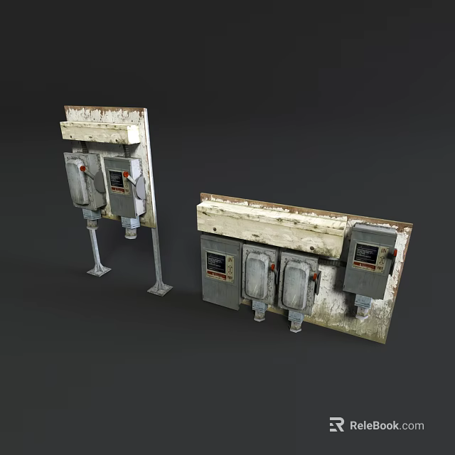 Old Rusted Electrical Distribution Boxes With Worn Metal Frames And Control Panels 3d model 
