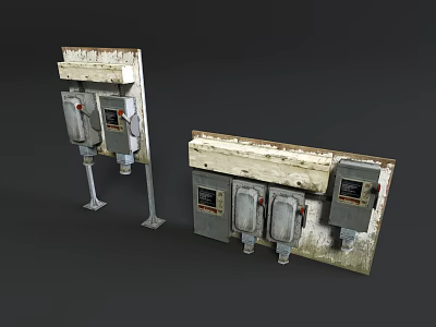 Old Rusted Electrical Distribution Boxes With Worn Metal Frames And Control Panels 3d model