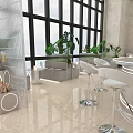 Modern Café Interior With Large Windows City View Green Plants Circular Bar And High Stools