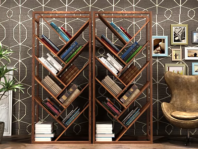 Vintage Wooden Bookshelf With Geometric Frame And Multi tiered Shelves Filled With Colorful Books 3d model