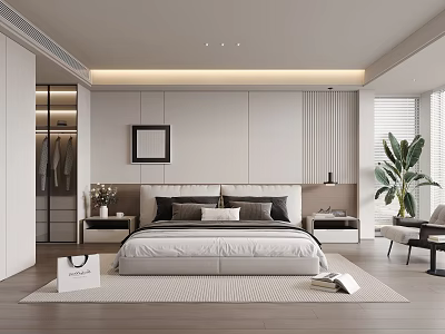 Modern Bedroom Interior Design With Bed Wardrobe Bedside Tables And Potted Plants 3d model