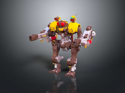 Mechanical Robot Character With Yellow Brown Armor And Arm Cannon Weapon 3d model