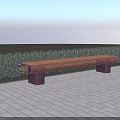 Outdoor Wooden Bench With Curved Top And Stone Legs On Paved Ground By Green Hedge