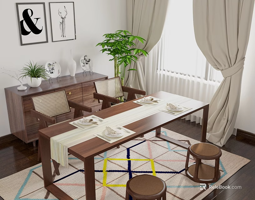 Modern Wooden Dining Table Set With Chairs Colorful Rug Potted Plant And Curtains 3d model 