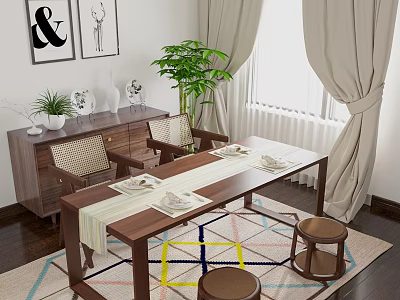 Modern Wooden Dining Table Set With Chairs Colorful Rug Potted Plant And Curtains 3d model