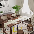 Modern Wooden Dining Table Set With Chairs Colorful Rug Potted Plant And Curtains