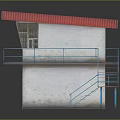 Small Building With Red Roof White Walls Blue Railings Staircase And Small Window