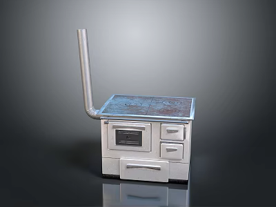 Vintage Metal Stove With Long Chimney Blue Countertop Drawers And Oven Door 3d model