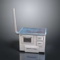 Vintage Metal Stove With Long Chimney Blue Countertop Drawers And Oven Door