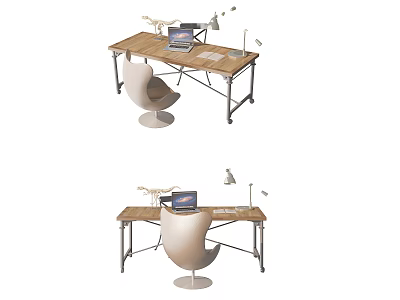Modern Wooden Desk Setup With Laptop Desk Lamp And White Round Chair 3d model