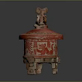 Ancient Red Ceramic Vessel With Carved Figure Lid Tripod Base And Decorative Patterns