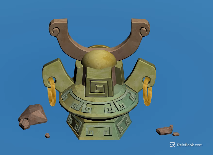Ancient Bronze Vessel With Intricate Carvings Curved Top And Stone Fragments 3d model 