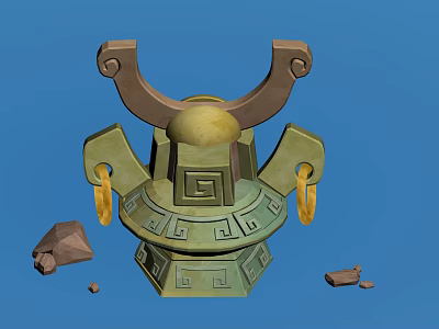 Ancient Bronze Vessel With Intricate Carvings Curved Top And Stone Fragments 3d model