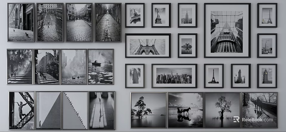 Black and White Framed Landscape Paintings Gallery Wall With City Scenes Trees and Water Reflections 3d model 