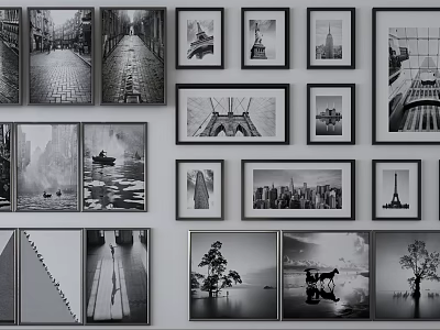 Black and White Framed Landscape Paintings Gallery Wall With City Scenes Trees and Water Reflections 3d model