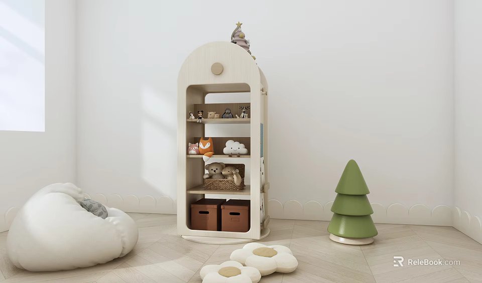 Cozy Kids Room Wooden Storage Cabinet with Decorative Shelves and Green Tree Decor 3d model 