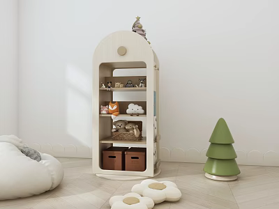 Cozy Kids Room Wooden Storage Cabinet with Decorative Shelves and Green Tree Decor 3d model