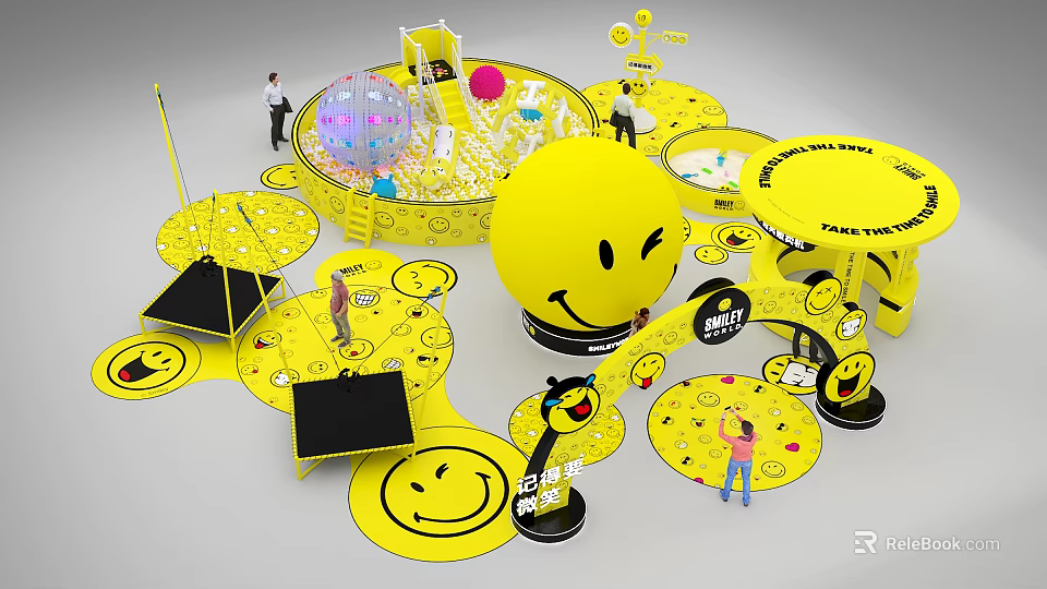 Smiley Face Themed Playground With Interactive Elements People Playing And Yellow Decorations 3d model 