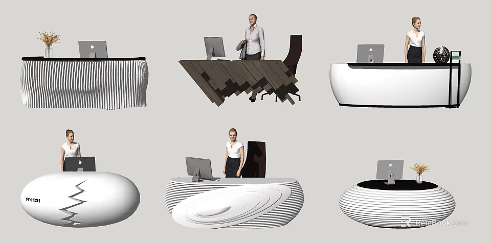 Modern Various Shaped Reception Desks With Computers And Staff Standing Nearby 3d model 