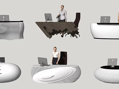 Modern Various Shaped Reception Desks With Computers And Staff Standing Nearby 3d model