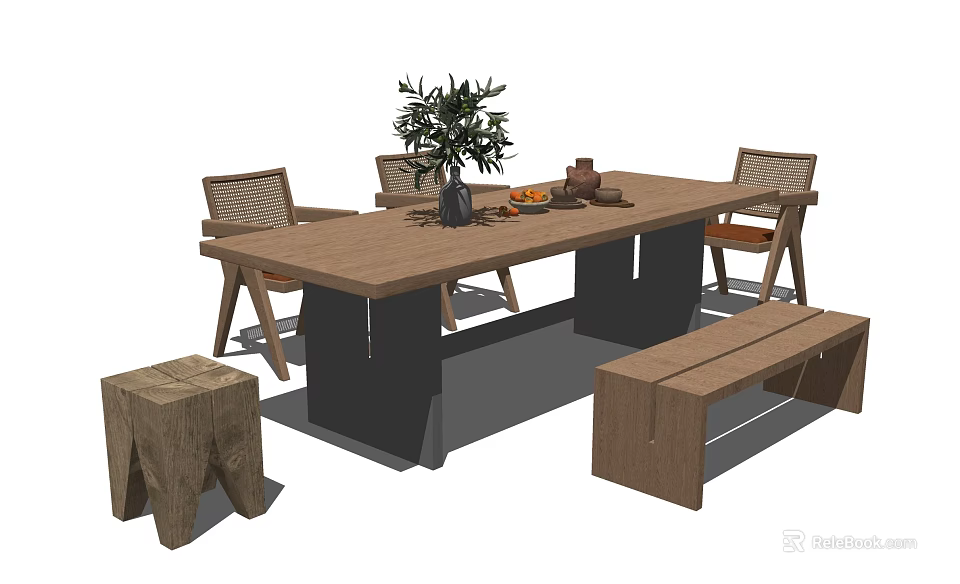 Natural Style Wooden Dining Table Set With Chairs Bench And Decorative Plant 3d model 