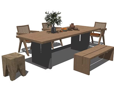 Natural Style Wooden Dining Table Set With Chairs Bench And Decorative Plant 3d model