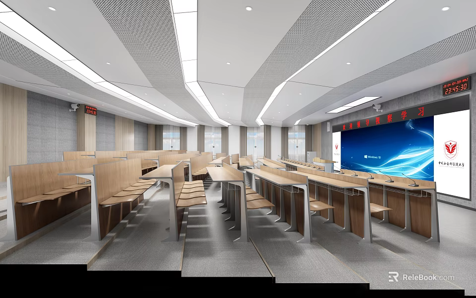 Modern School Classroom With Rows Of Desks And Digital Screen 3d model