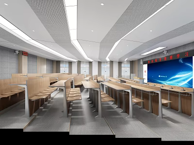 Modern School Classroom With Rows Of Desks And Digital Screen 3d model