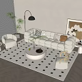 Modern Plush White Sofa and Round Coffee Table Set in Living Room with Decorative Elements 3d model