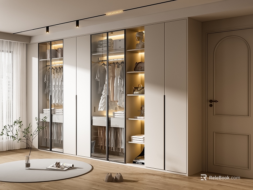 Modern Wardrobe With Glass Doors Cabinets And Hanging Clothes Interior Design 3d model 