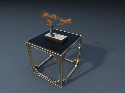Elegant Modern Side Table With Black Top Gold Metal Frame And Decorative Bonsai Plant 3d model