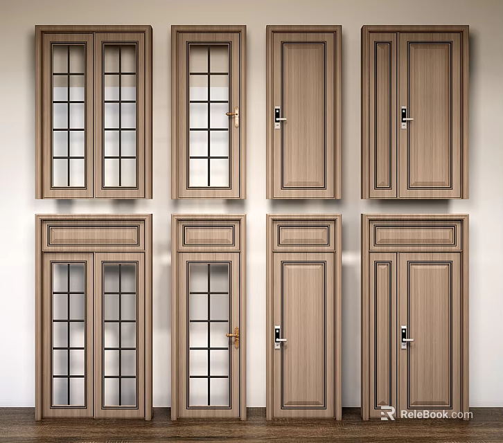 Wooden Swing Doors Featuring Various Glass Panel And Solid Design Options 3d model