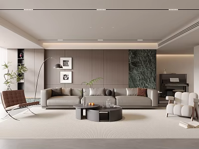 Modern Living Room Interior With Grey Sofa Coffee Table Floor Lamp And Green Plants 3d model