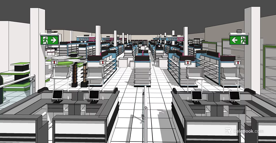 Modern Supermarket Shopping Space With Organized Shelves Checkout Counters And Product Displays 3d model 