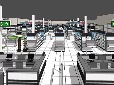 Modern Supermarket Shopping Space With Organized Shelves Checkout Counters And Product Displays 3d model