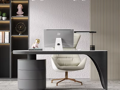 Modern Home Office Desk With Apple iMac White Leather Chair And Bookshelf Decor 3d model