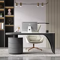 Modern Home Office Desk With Apple iMac White Leather Chair And Bookshelf Decor