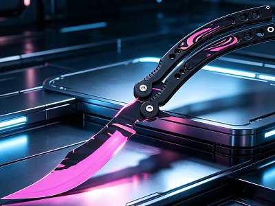Butterfly Knife Featuring Pink Blade Black Handle With Patterns On Futuristic Platform Blue Lighting 3d model